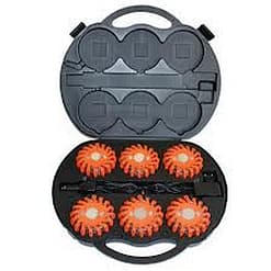 LED Road Flare Kit Six hockey puck size electronic flares, 5 color options and 9 light patterns in AC-DC charging case.