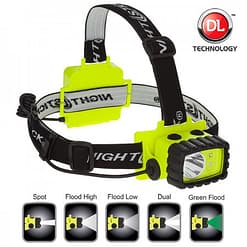 XPP5458G Intrinsically Safe Headlamp, waterproof polymer body, spot-floodlight-dual light, white-green LED, single switch